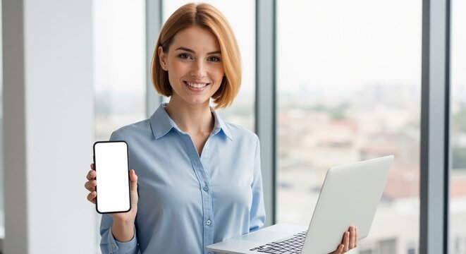 Confident businesswoman holding a laptop and showing a smartphone with a blank white screen. Professional woman in a modern office presenting a mobile device for mockup