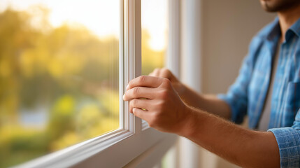 Worker hands fixing PVC windows defocused indoor setting, faceless repair process, window visualization detail, blurred interior background, maintenance concept, adjustment interfa