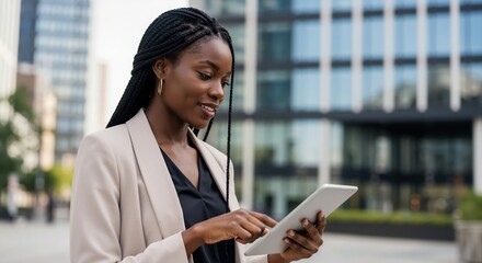 Professional Black businesswoman using a digital tablet outdoors. Smiling African American entrepreneur working online in a modern city