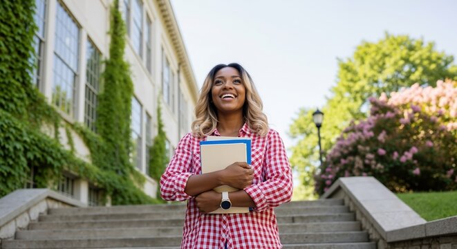 Happy African American female student holding books on a college campus. Successful young woman smiling with optimism about her future education - Powered by Adobe