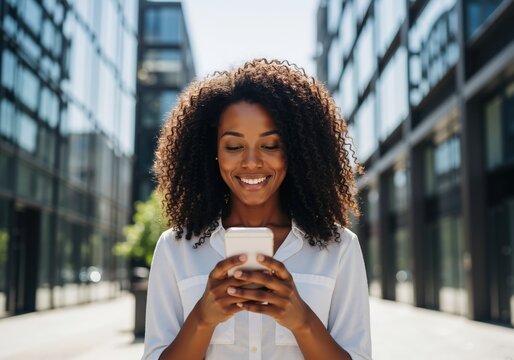 Smiling young Black woman using a smartphone in the city. Happy African American businesswoman texting on her mobile phone outdoors with modern buildings in the background - Powered by Adobe