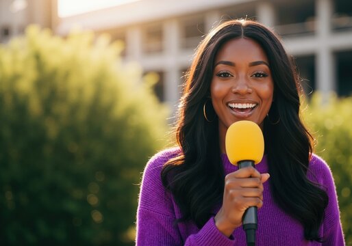 Confident African American female journalist speaking into a microphone. Professional woman reporter broadcasting live news outdoors with copy space