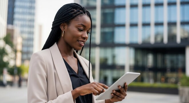 Professional Black businesswoman using a digital tablet outdoors. Smiling African American entrepreneur working online in a modern city