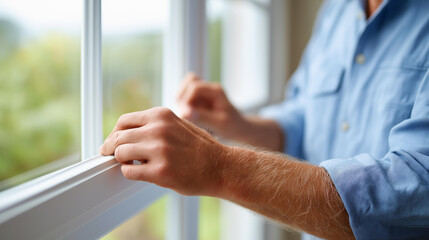 Man in blue shirt doing window defocused installation banner, faceless worker activity, fitting visualization detail, blurred long format background, construction concept, professi