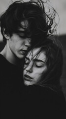 Black and White Portrait of a Young Couple Embracing Outdoors