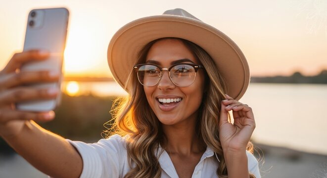 Happy young woman taking a selfie with a smartphone at sunset. Smiling girl in a hat and glasses enjoying her summer vacation outdoors
