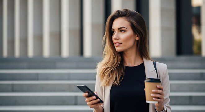 Professional businesswoman with a smartphone and coffee in a modern city. Stylish young woman on a work break outdoors with copy space