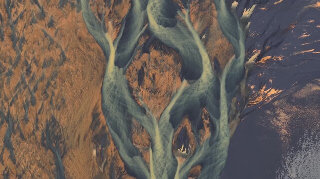 Aerial view of braided glacial rivers carving through the rugged terrain, creating stunning textures and tones, Iceland.