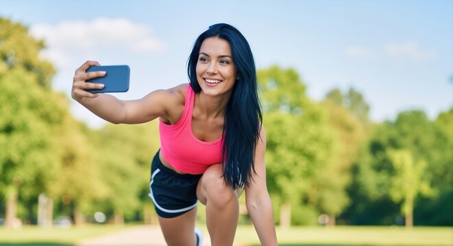Smiling athletic woman taking a selfie with her phone during an outdoor workout. Fit young person exercising in a park on a sunny day - Powered by Adobe