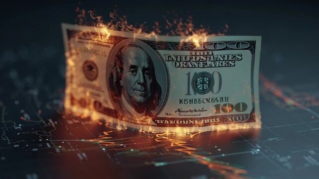 3D Burning Dollar Banknote with Financial Charts, Inflation and Crisis Concept