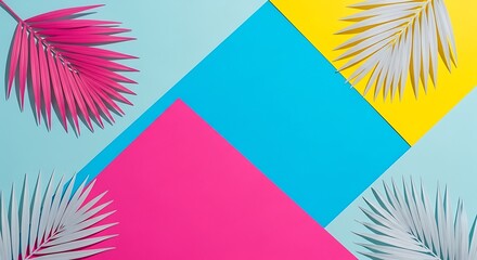 Colorful geometric arrangement with palm leaves for a summery tropical vibe