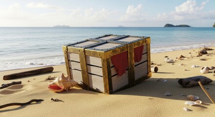 A treasure chest sits on a sandy beach next to a seashell with the ocean and sky in the background suggesting adventure