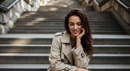 Fototapeta premium A smiling young woman in a classic trench coat sitting on outdoor city stairs. Stylish brunette enjoying a quiet, happy moment