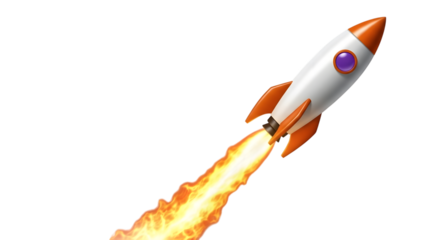 White and orange rocket ship with purple window blasting off with fiery exhaust isolated on a transparent background 1