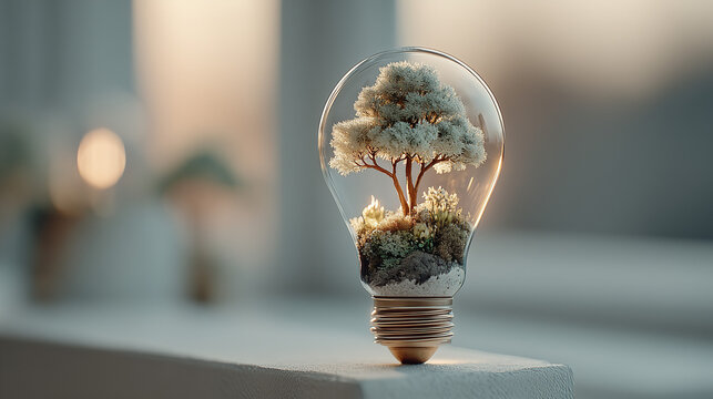light bulb containing vibrant green tree, warm brown and gray tones, soft bokeh effect, depth of field,