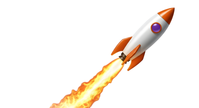White and orange rocket ship with purple window blasting off with fiery exhaust isolated on a transparent background 1
