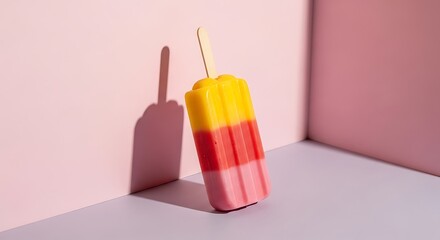 Colorful Popsicle Delicious Frozen Treat Standing Against Pink Backdrop Indoors