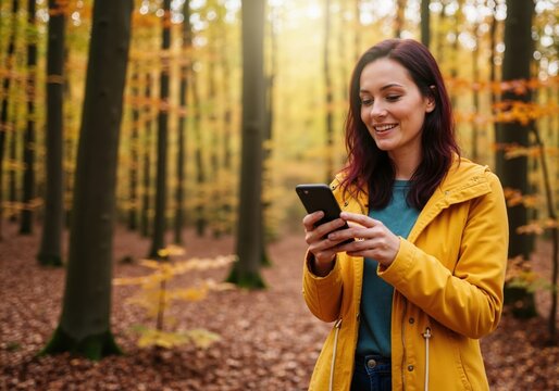 Smiling woman using a smartphone in an autumn forest. Young person in a yellow jacket connecting online in nature - Powered by Adobe