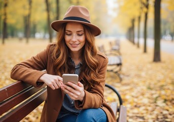 Smiling young woman using a smartphone on a park bench. Stylish redhead in a hat and coat enjoying an autumn day outdoors