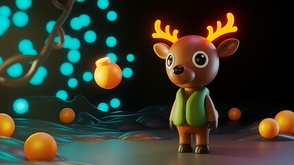 Fototapeta premium Cute cartoon reindeer character with glowing antlers and orange balls animal
