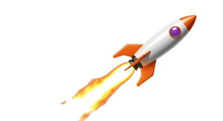 White and orange rocket ship with purple window blasting off with fiery exhaust isolated on a transparent background
