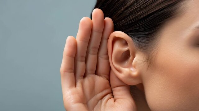 Side view close up of woman cupping hand to ear