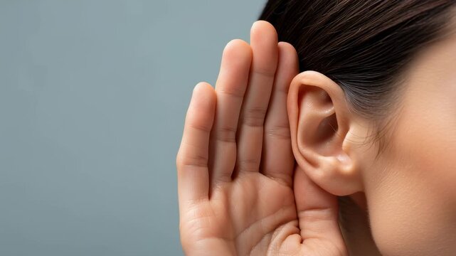 Close up woman cupping hand to ear listening carefully