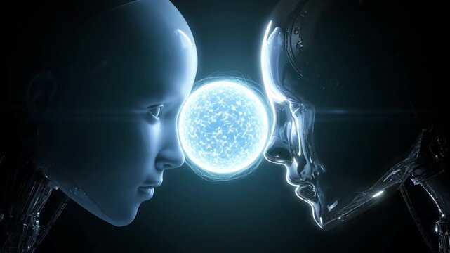 Two heads facing each other in a dark minimal environment, a glowing energy sphere gradually appearing between them, concept of energy, connection