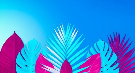 Tropical leaves bright colorful neon style on blue gradient background