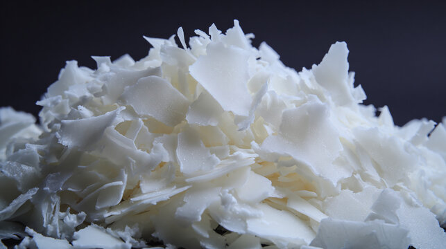 Close-up shot of scattered white flakes, presenting texture and detail. The flakes are possibly soap