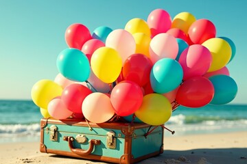 Colorful balloons cascading from a vintage suitcase at the beach.