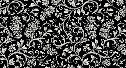 Elegant monochrome floral pattern with swirling vines and leaves.
