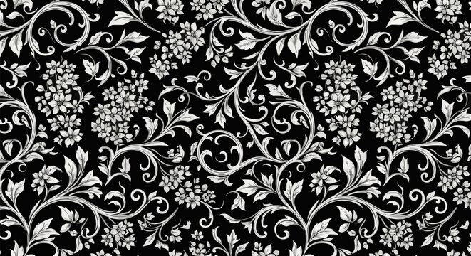 Elegant monochrome floral pattern with swirling vines and leaves.