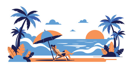 Obraz premium A person relaxes in a beach chair under an umbrella enjoying the ocean view during a beautiful sunset on a tropical island.