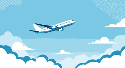 Fototapeta premium A large passenger airplane is depicted flying high in the blue sky above a layer of fluffy white and blue clouds.