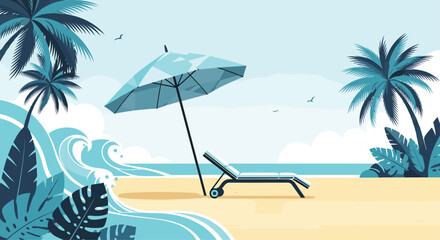 Obraz premium A beautiful tropical beach scene in shades of blue with a lounge chair under an umbrella by the ocean with large waves.