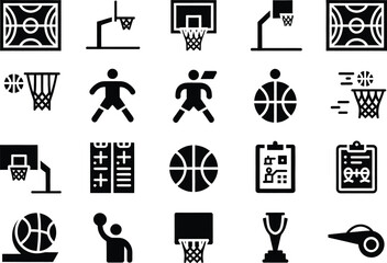 "Modern Basketball Icon Set: Court, Player, and Equipment Symbols"