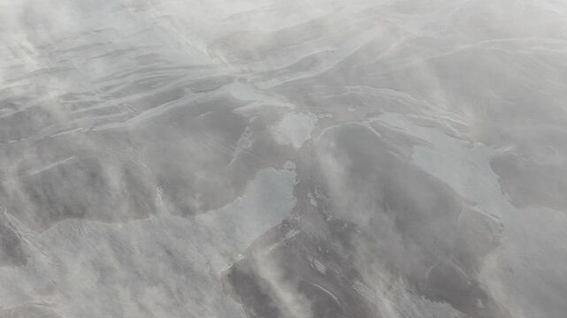 Aerial view of a stark glacial landscape with muted colors, textures, and tones creating a serene yet powerful scene, Skaftarhreppur, Iceland.