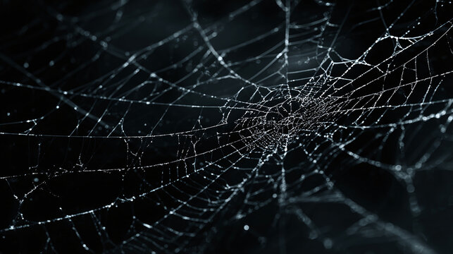 A detailed view of a spider web with intricate details against a dark background, showcasing its delicate structure. The web captures light, creating a fascinating visual effect.