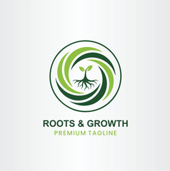 A vibrant green logo featuring a strong root system and a small sprout within a dynamic, spiraling circular design, symbolizing growth, nature, and foundation