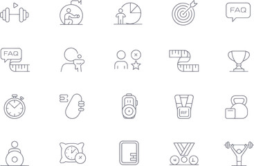 Minimalist Fitness & Health Line Art Icons – Gym, Workout, Wellness, Weight Loss, Stopwatch, Kettlebell, Trophy, Measurement & Goal Tracking Vector Set