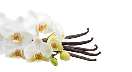White orchids and dark vanilla beans arranged on a dark surface isolated on a transparent background