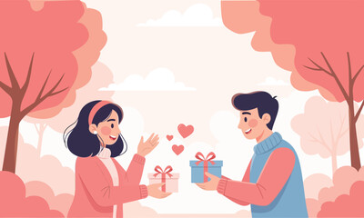 Obraz premium A loving couple exchanging gifts of love and affection in a park with heart symbols floating around them