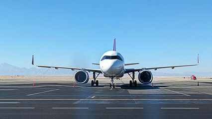 A modern passenger airplane on the tarmac at an airport on a clear day. Ready for travel.