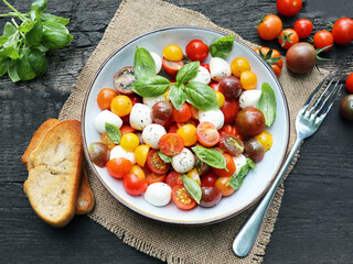 Caprese antipasti salad with  mozzarella, tomatoes, basil and olive oil 