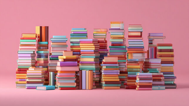 A creative, colorful stack of books forming a cityscape, a visual representation of knowledge, stories, and imagination. The arrangement is artistic and evocative - Powered by Adobe