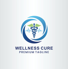 Modern medical logo combining a Caduceus symbol and a heartbeat (EKG) line within dynamic swirling blue circles, representing health, healing, and medical care.