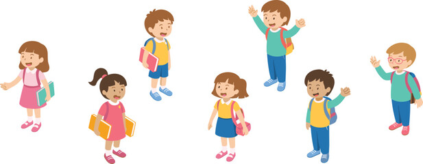 Isometric illustration of happy school children standing and waving, education concept, teamwork, friendship, childhood fun, and playful learning