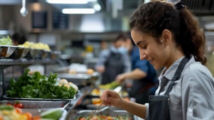 A smiling girl in an apron serves dishes made from fresh vegetables, creating a warm atmosphere — an excellent backdrop for promoting healthy eating or cooking classes.
