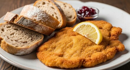 Naklejka premium Crispy fried cutlet with bread lemon slice and preserves on plate